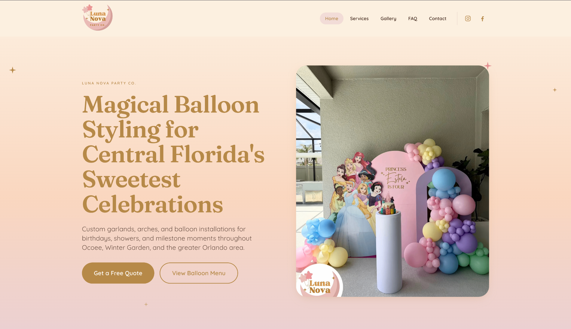 Screenshot of the Luna Nova Party Co. website built by Tyler McMahel