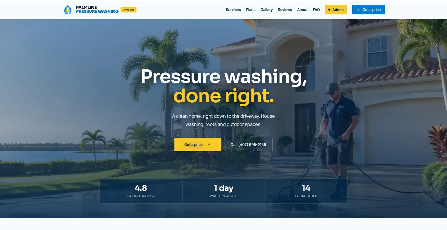 Palmline Pressure Washing homepage with a centered headline, a yellow Get a price button, and a bar showing its Google rating, quote turnaround, and service area